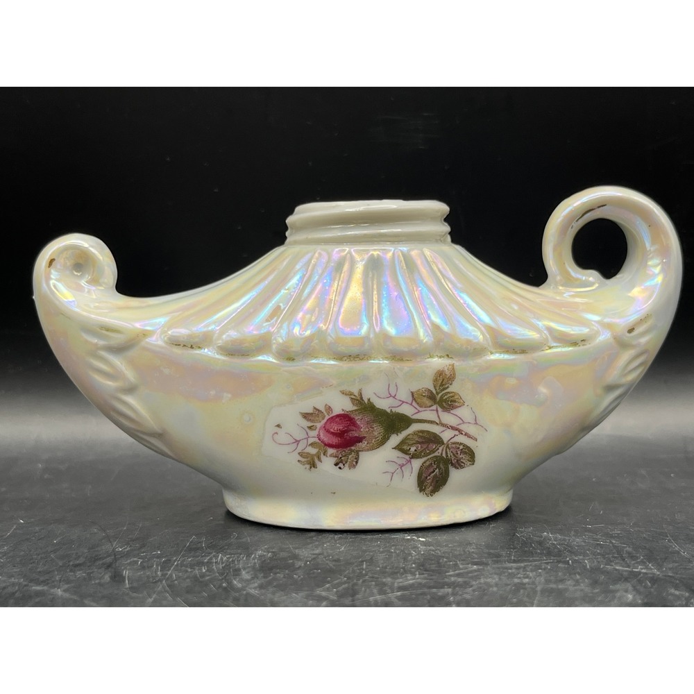 Vtg Small Iridescent Ceramic Oil Lamp BASE Rose Floral Japan Collectible‎ 4.5"